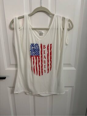 VENUS White Sleeveless Tank with Red & Blue Flag Graphic